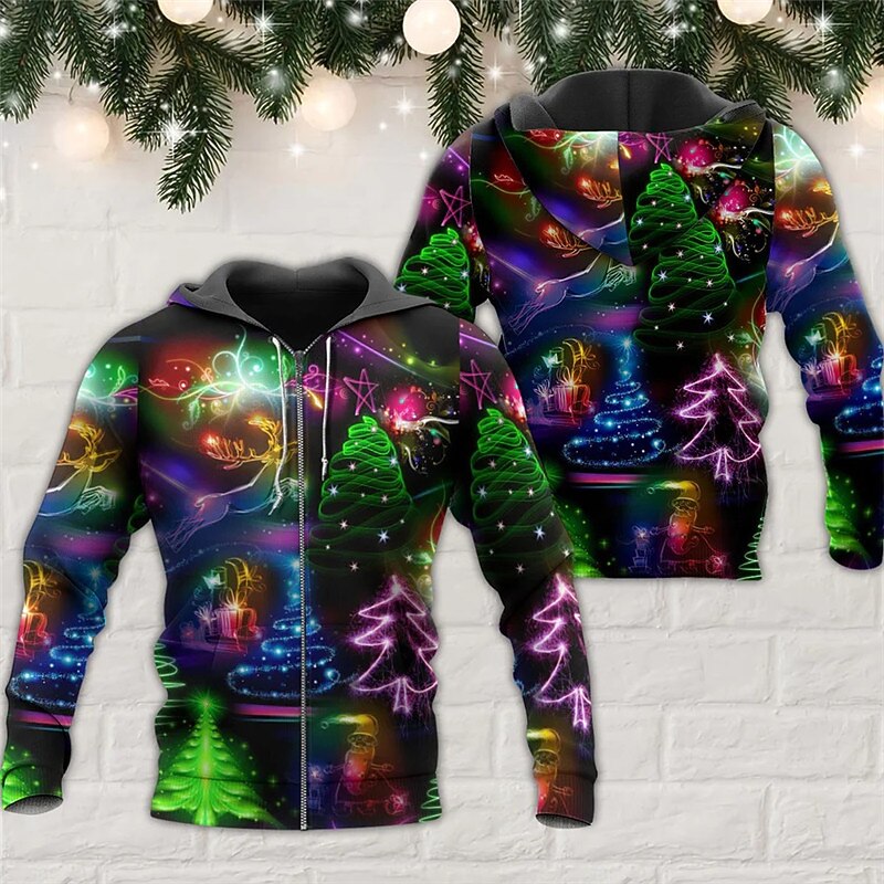 Christmas Men's Santa Claus 3D Hoodies Full Zip Jacket Black Yellow Red Purple Hooded Santa Claus Graphic Prints Ugly  Zipper Print Sports & Outdoor Daily4