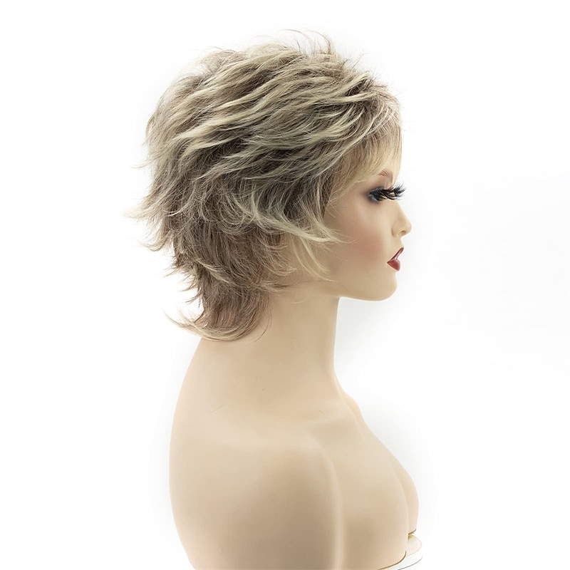 Short Blonde Pixie Cut Wigs for White Women Dark Brown Ombre Blonde Synthetic Hair Wigs Natural Looking Wig4
