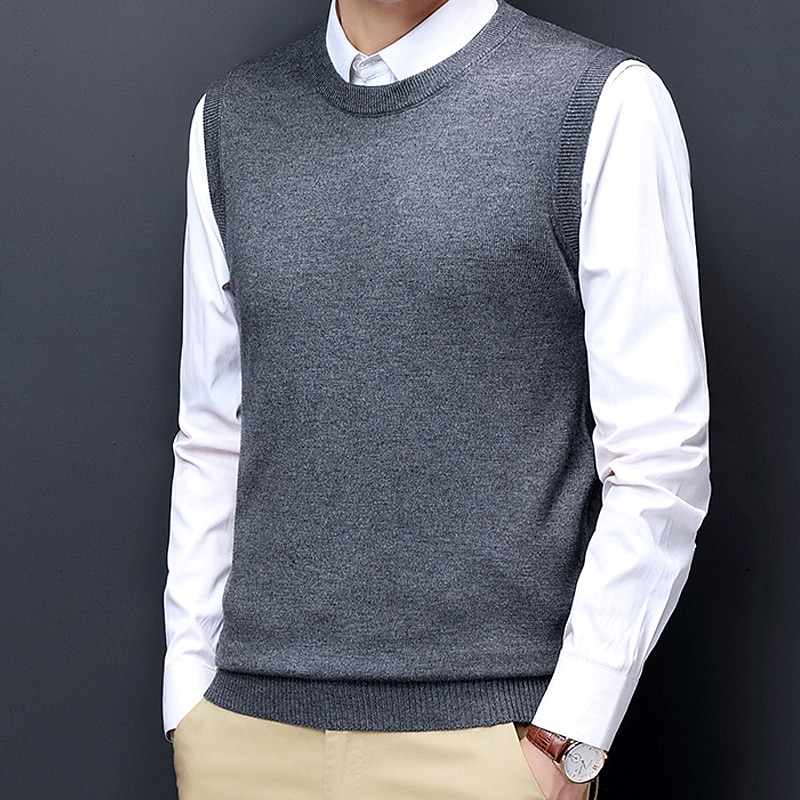 Men's Sweater Vest Dress Sweater Wool Sweater Pullover Sweater Jumper Ribbed Knit Knitted Solid Color Crew Neck Keep Warm Modern Contemporary Work Daily Wear Clothing Apparel Sleeveless Spring &  Fall2