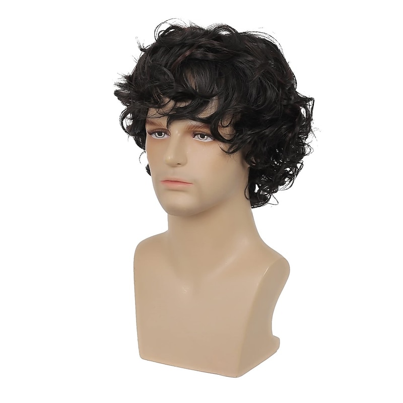 Mens Short Curly Black Wig with Bang Synthetic Cosplay Costume Party Natural Hair Wig4
