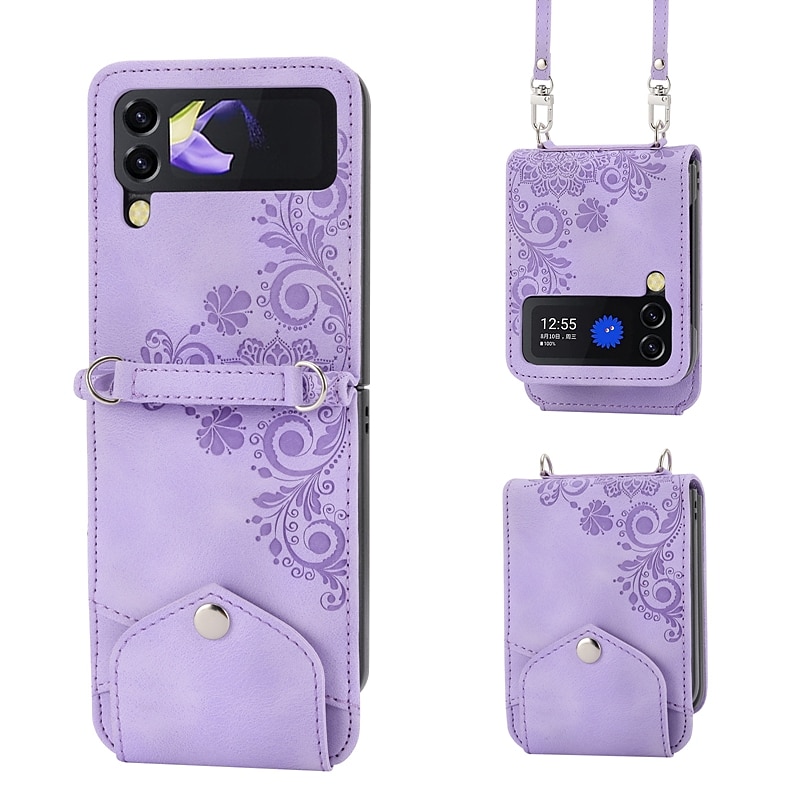 Phone Case For Samsung Galaxy Z Flip 6 Z Flip 5 Z Flip 4 Z Flip 3 Handbag Purse Flip Flip with Removable Cross Body Strap With Card Holder Solid Colored Flower PU Leather3