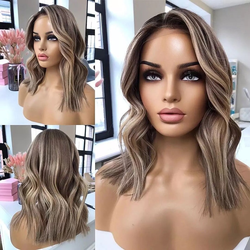Brazilian Virgin Hair Ash Blonde 13x4 Lace Front Human Hair Wigs Pre-Plucked Body Wave Short Bob Highlight Color Lace Frontal Wig for Women3