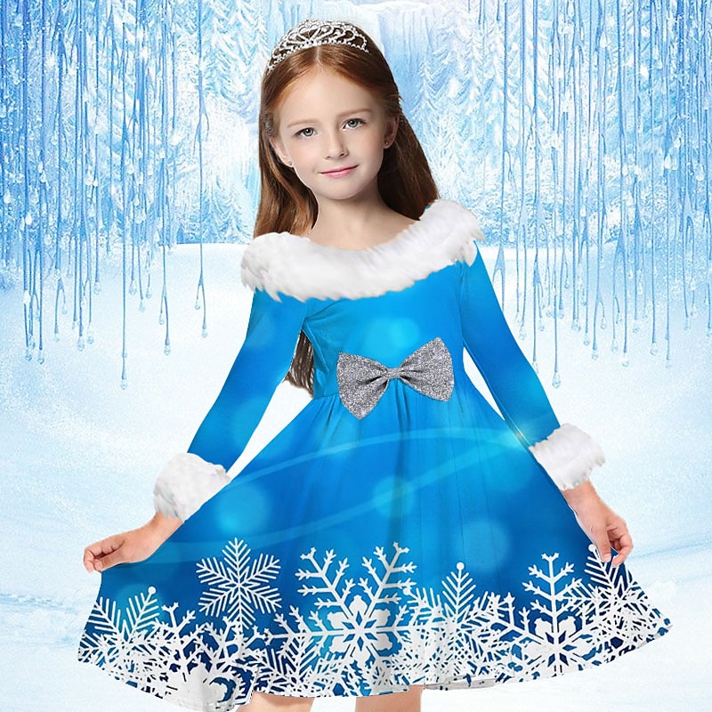 Kids Girls' Dress Snowflake Dress Snowflake Long Sleeve Casual Fur Trim Crewneck Adorable Daily Polyester Above Knee Casual Dress Swing Dress A Line Dress Fall Winter 2-13 Years Navy Blue Royal Blue4