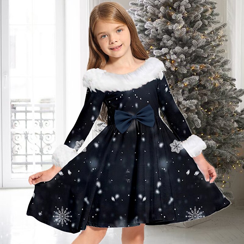 Kids Girls' Dress Gradient Snowflake Long Sleeve Casual Fur Trim Crewneck Adorable Daily Polyester Above Knee Casual Dress Swing Dress A Line Dress Fall Winter 2-13 Years Black Wine Gold3