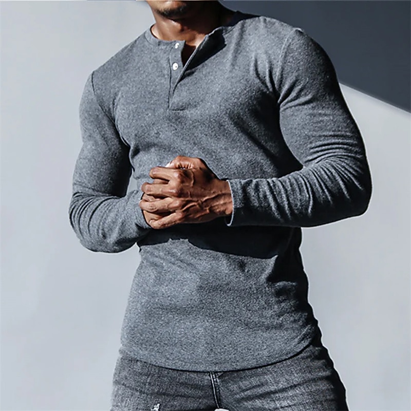 Men's Button T Shirt T Shirt Long Sleeve Shirt Long Sleeve Henley Spring &  Fall Plain Designer Basic Casual Button-Down Street Sports Holiday Black White Gray Top Tee for Men2