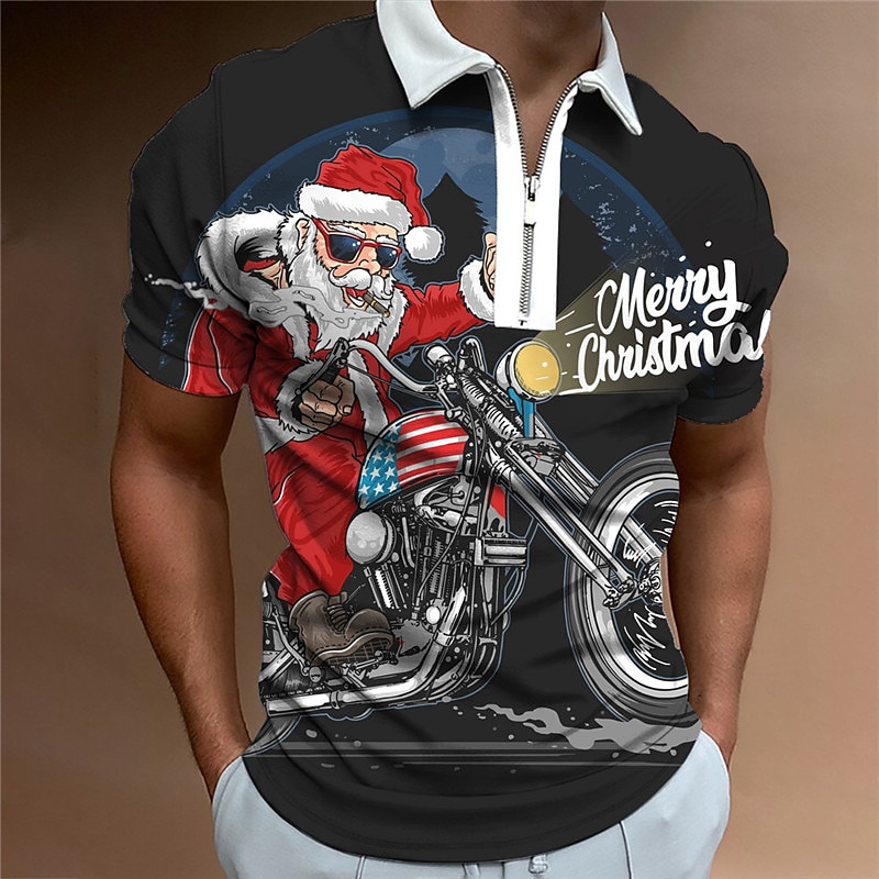 Christmas Men's Santa Claus 3D Zipper Polo Golf Santa Claus Letter Graphic Prints Ugly Motorcycle Turndown White+Red Black White Red Navy Blue 3D Print Street Short Sleeves Print Zipper Clothing