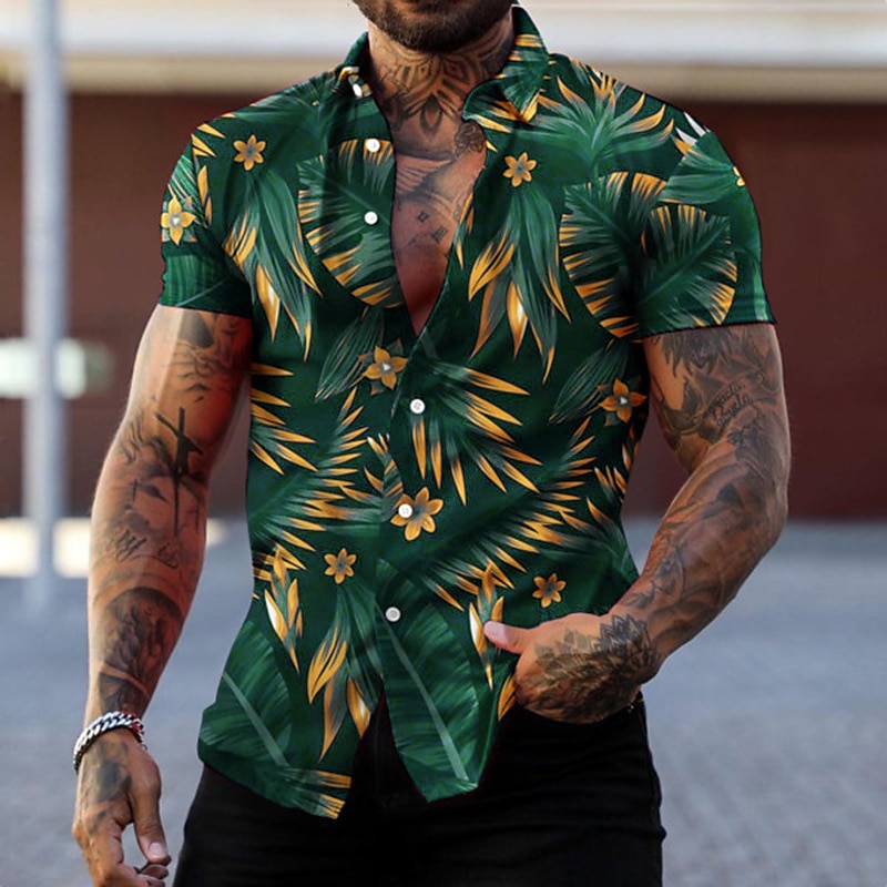 Men's Graphic Leaves Tropical Plants Shirt Summer Hawaiian Shirt Aloha Shirt Short Sleeve Shirt Turndown Fashion Designer Casual Street Daily Holiday Red green Black Black / Purple 3D Print S M L3