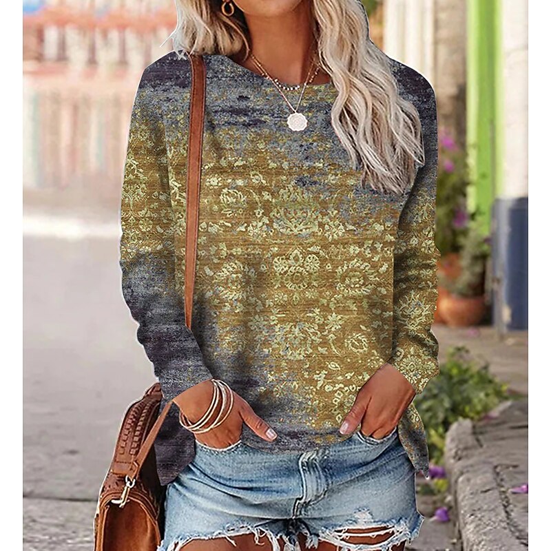 Women's T shirt Long Sleeve Crew Neck Long Sleeve Tunic Graphic Vintage Ethnic Round Neck Regular Tops Daily Weekend Print Red Blue Purple Orange Green Fall & Winter Prefall2