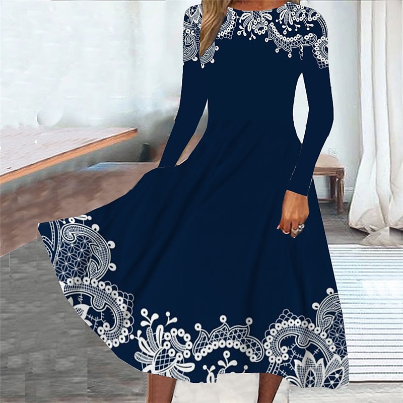Women's Midi Dress Casual Dress Winter Dress Swing Dress Fashion Modest Formal Outdoor Party Regular Fit Floral Long Sleeve Crew Neck Navy Blue Spring Fall Winter Autumn