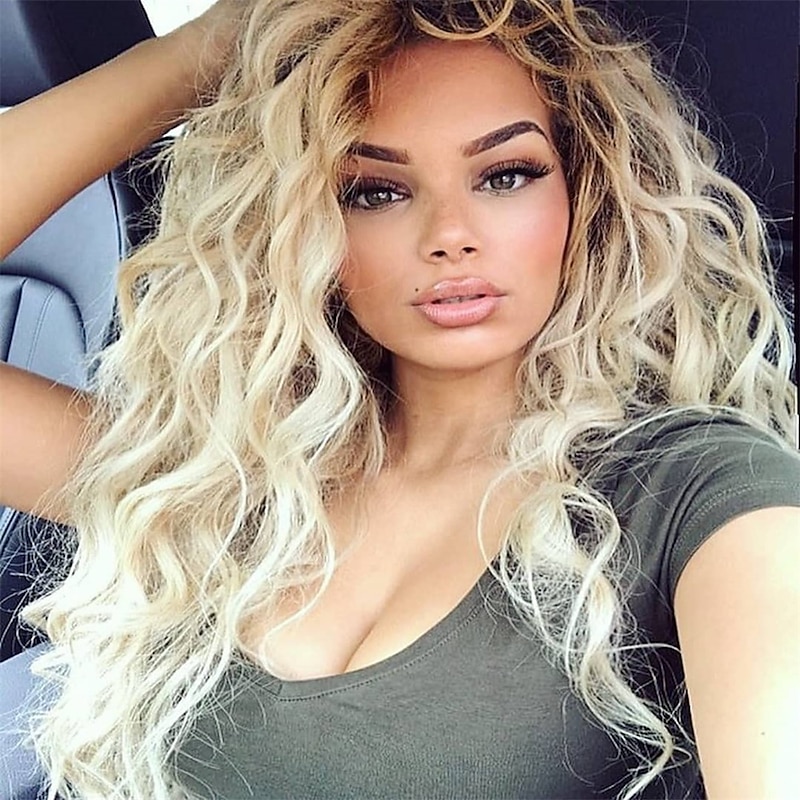 Long Curly Wavy Wig Ombre Platinum Blonde Wigs for Women Loose Wave Hair Glueless Heat Resistant Synthetic Wigs for Daily Party Use