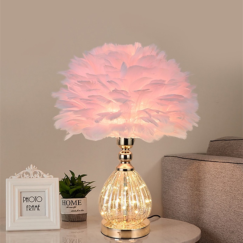 Pink Feather Bedside Lamp Luxury Fairy Lights Feather Bedside Lamp Shade Feather Table Lamp Desk Lampshade for Living Room Bedroom Dining Room4