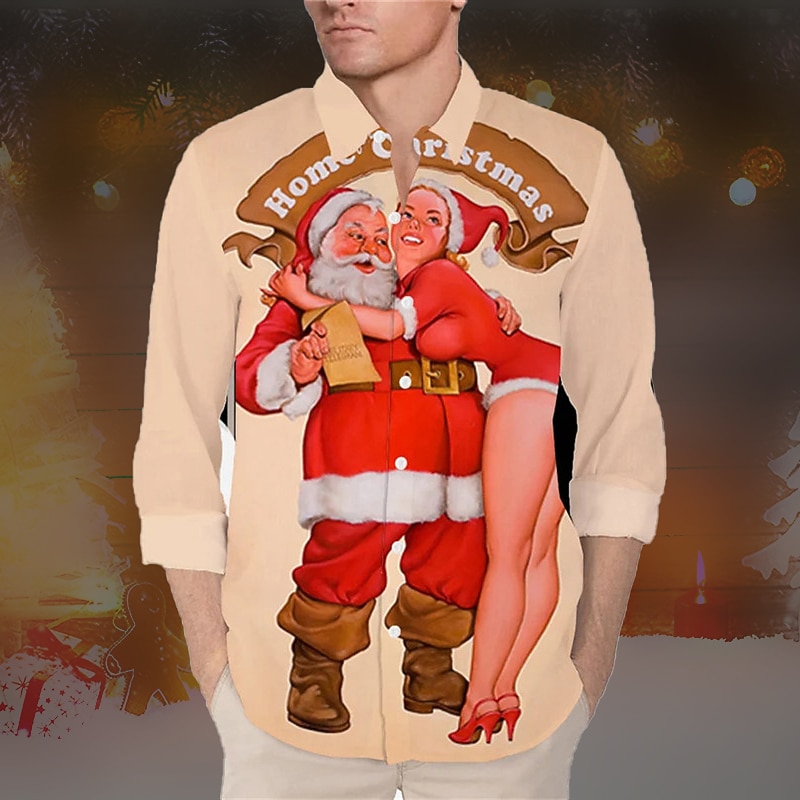 Christmas Men's Santa Claus Printed Shirts Shirts Letter Santa Claus Portrait Ugly Turndown Khaki 3D Print Outdoor Long Sleeve Button-Down Print Clothing Apparel Fashion Designer Casual