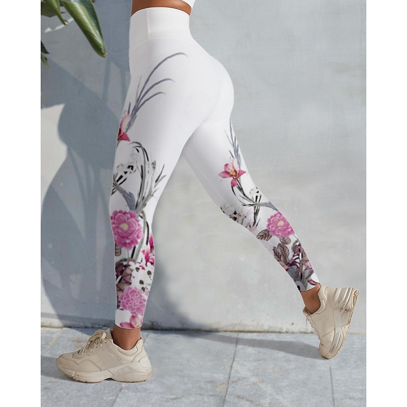 Women's Yoga Pants Butt Lift Tummy Control High Waist Gym Workout Running Fitness Tights Leggings Bottoms Floral Black / Red White+Yellow White Spandex Fall Winter Sports Activewear Stretchy