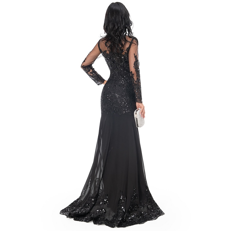 Mermaid Black Dress Evening Gown Sequin Prom Dress Sparkle Formal Gown Sweep / Brush Train Long Sleeve Illusion Neck Lace with Appliques dress to impress3