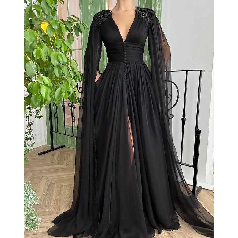 A-Line Evening Gown Black Sexy Dress Formal Wedding Guest Masquerade Court Train Long Sleeve V Neck Chiffon with Buttons Slit Appliques