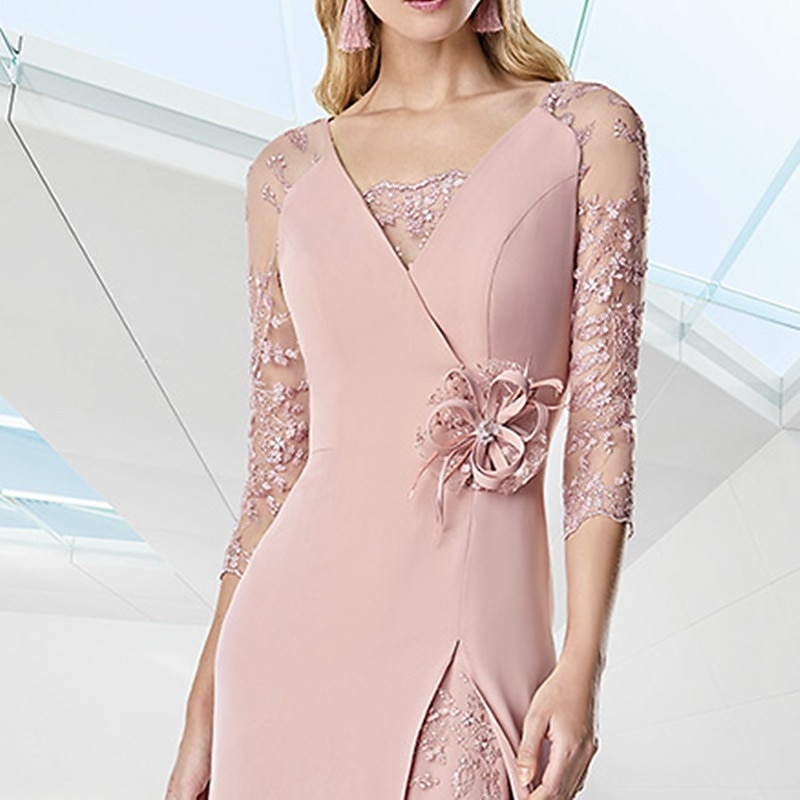 Beach Wedding A-Line Evening Gown Elegant Dress Formal Floor Length 3/4 Length Sleeve V Neck Fall Wedding Guest Chiffon with Embroidery3