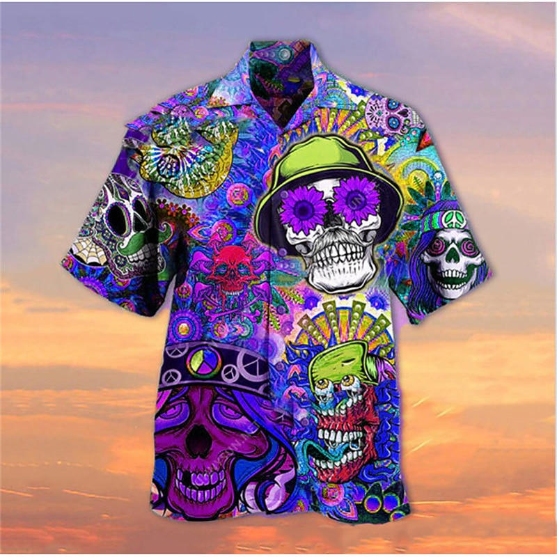 Men's Skull Shirt Summer Hawaiian Shirt Camp Collar Shirt Short Sleeve Shirt Turndown Hawaiian Designer Casual Outdoor Street Casual Red Blue Purple 3D Print S M L4
