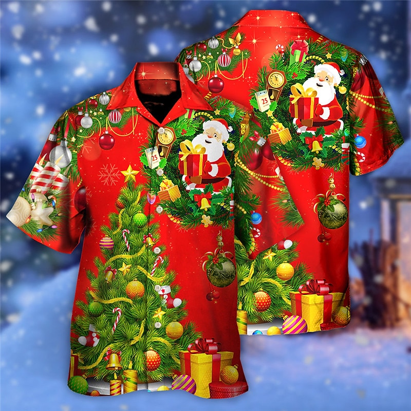 Christmas Men's Christmas tree Printed Shirts Shirts Tree Santa Claus Snowman Graphic Prints Turndown Blue Red Light Blue 3D Print Street Short Sleeve Button-Down Print Clothing Apparel Fashion