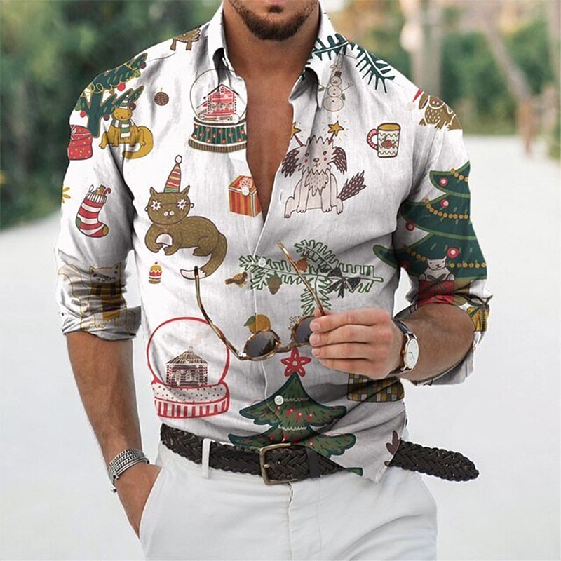Christmas Men's Christmas Scene Printed Shirts Shirts Cat Snowman Graphic Prints Penguin Turndown Green Gray White 3D Print Street Long Sleeve Button-Down Print Clothing Apparel Fashion Designer3