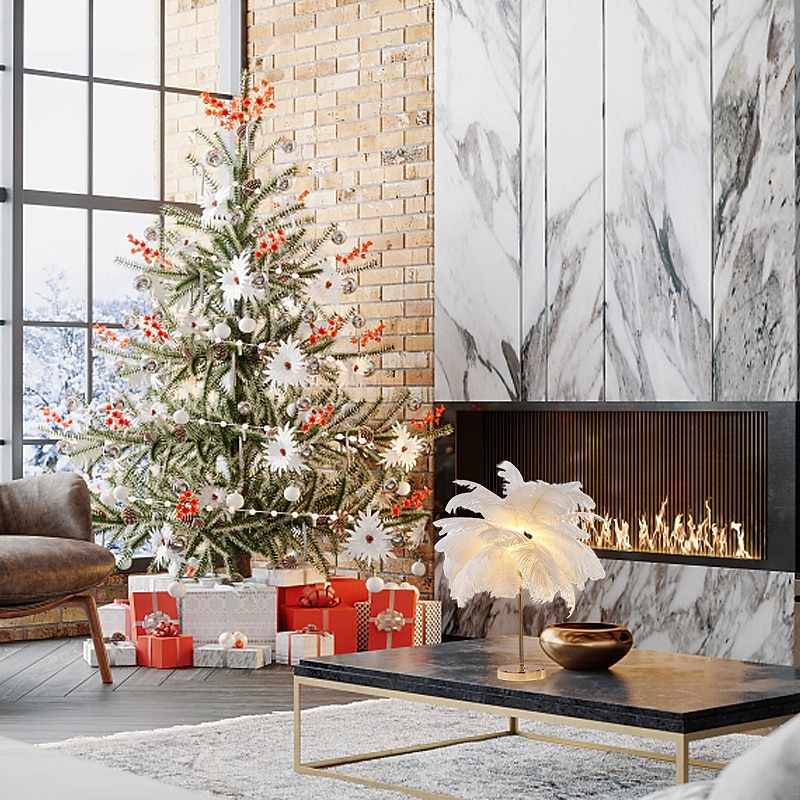 White Feather Table Lamp with Plug in Wire Modern Feather Lamp 3-Light Bedside Table Lamp for Bedroom Nightstand Lamp Desk Night Light in Gold Christmas gift