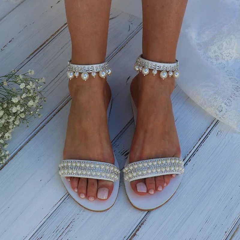 Women's Wedding Shoes Bling Bling Sparkling Shoes Sparkly Sandals Bridal Shoes Rhinestone Imitation Pearl Flat Heel Open Toe Faux Leather Ankle Strap White3