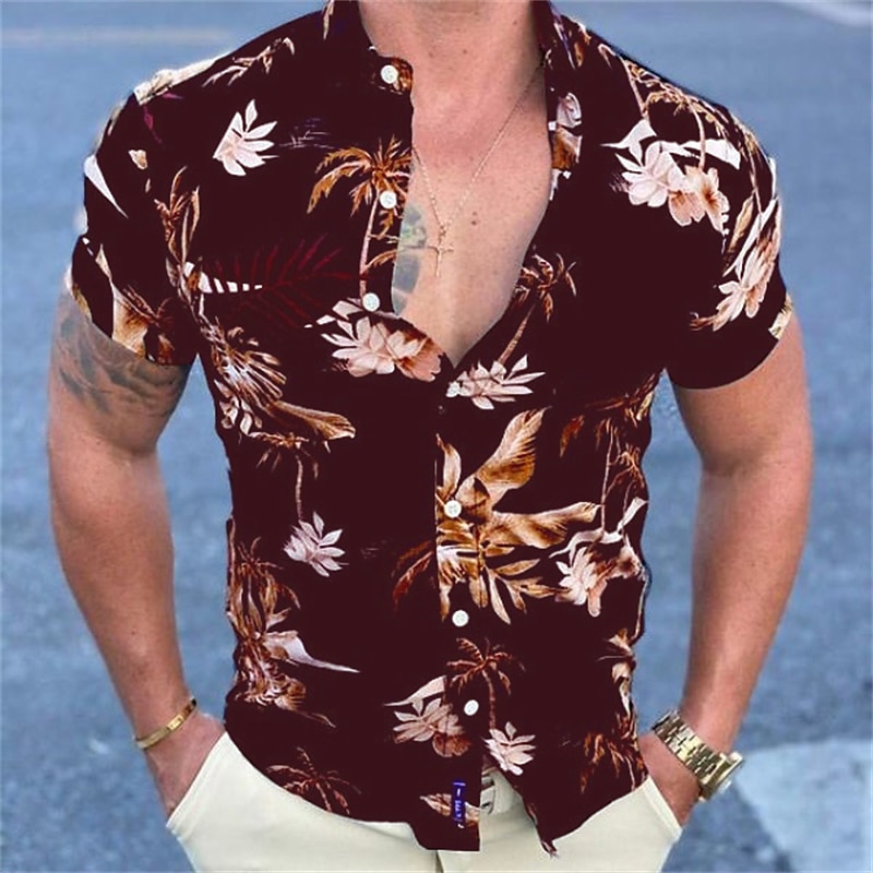 Men's Floral Palm Leaf Tropical Plants Shirt Summer Hawaiian Shirt Aloha Shirt Short Sleeve Shirt Classic Collar Vintage Designer Sexy Vacation Party Street Black Red Blue S M L4