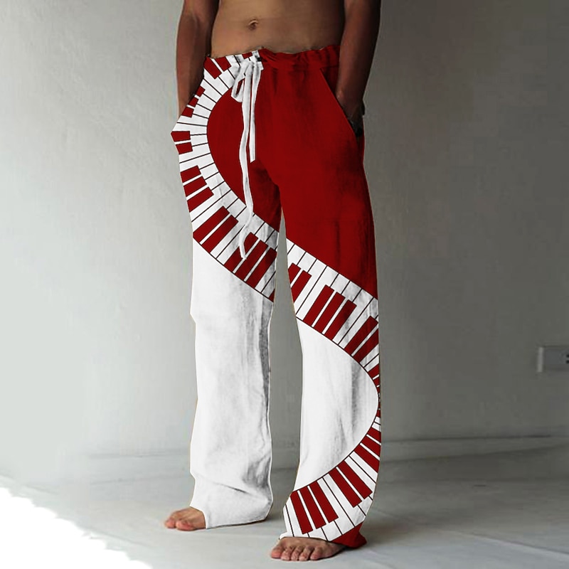 Men's Trousers Summer Pants Beach Pants Elastic Drawstring Design Front Pocket Straight Leg Color Block Graphic Prints Musical Instrument Comfort Soft Casual Daily Fashion Designer White / Black Red2