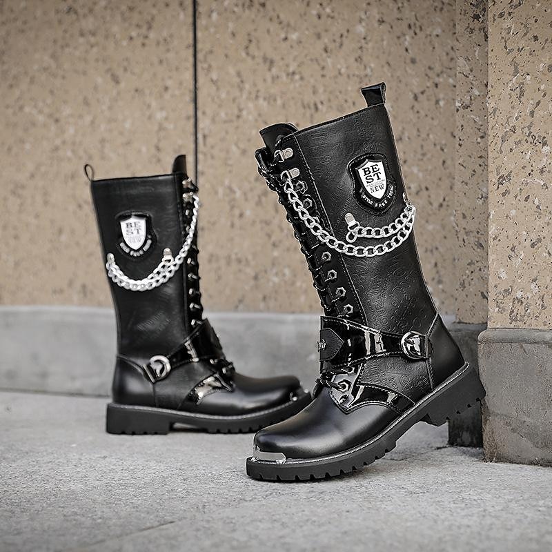 Men's Gothic Punk Motorcycle Boots with Chains and Metal Details - Rugged and Stylish Combat Boots for Biker Events and Casual Outings3