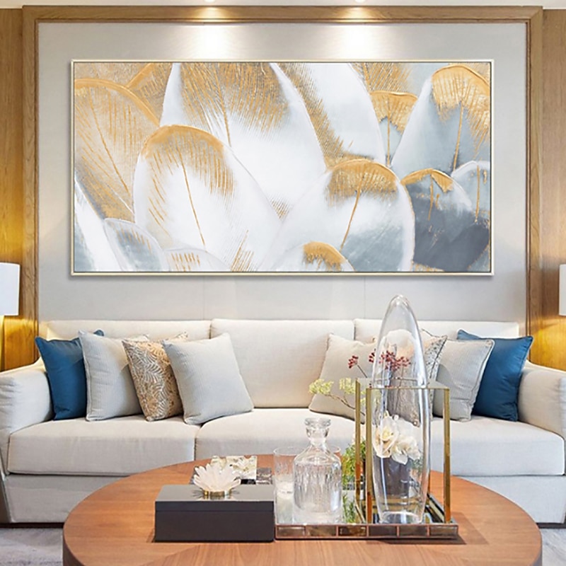 Handmade Oil Painting Canvas Wall Art Decoration Modern Abstract Golden Feather for Home Decor Rolled Frameless Unstretched Painting