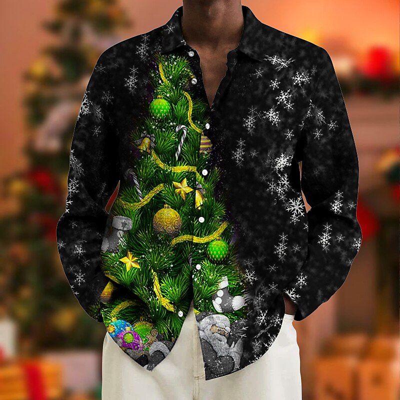 Christmas Men's Christmas tree Printed Shirts Christmas, Graphic Shirts Tree Prints Turndown Purple Black Green Yellow Wine 3D Street Long Sleeve Button Casual Brown Cotton Button-Down3