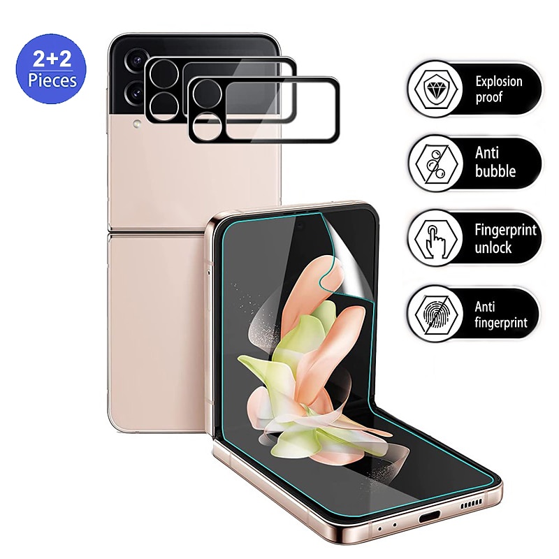 [2+2Pack] Screen Protector + Camera Lens Protector For Samsung Galaxy Z Flip 7 Z Flip 6 Z Flip 5 Z Flip 4 Z Flip 3 TPU Hydrogel 9H Hardness Anti Bubbles Anti-Fingerprint High Definition Explosion