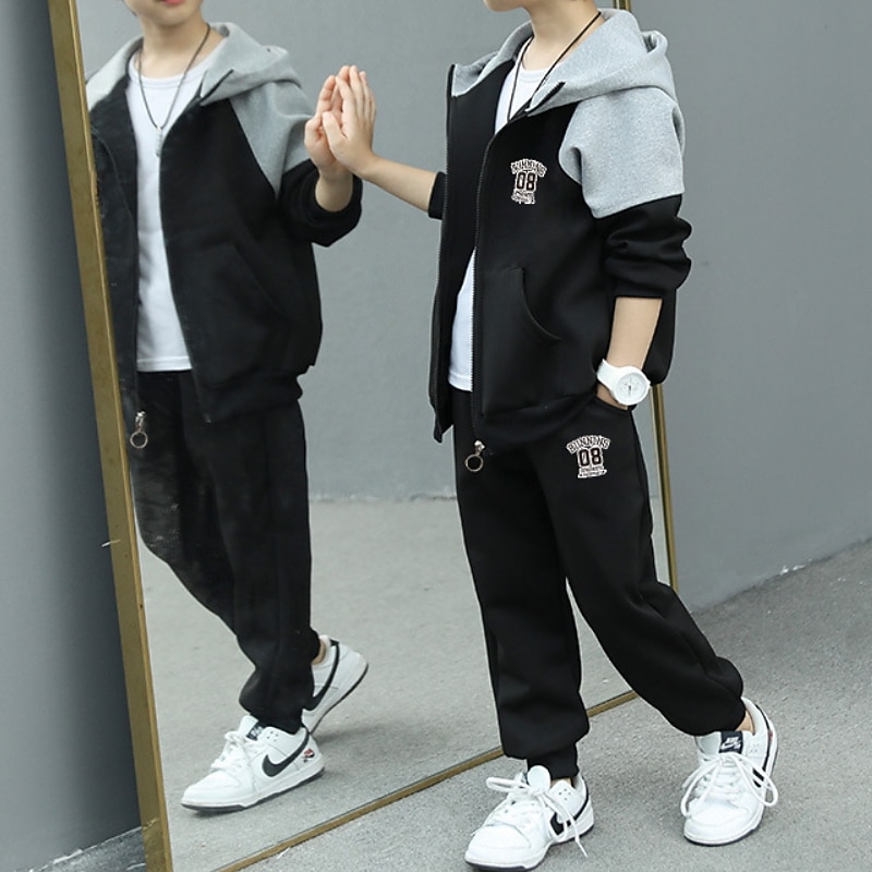 2 Pieces Kids Boys Tracksuits Outfit Color Block Letter Long Sleeve Cotton Set Sports Winter Fall 7-13 Years Black Gray