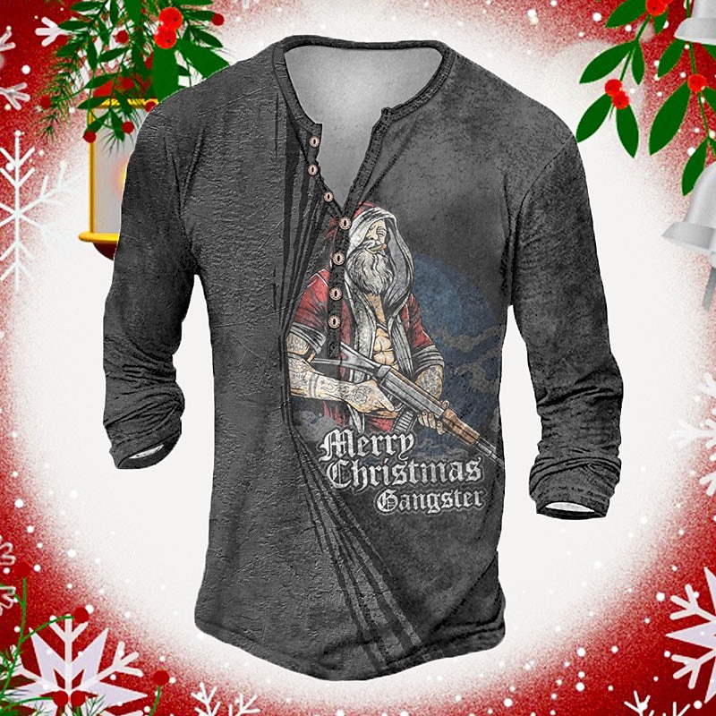 Christmas Men's Santa Claus Henley T Shirt Tee Henley Tee Graphic Santa Claus Henley Gray 3D Print Plus Size Outdoor Long Sleeve Button-Down Print Clothing Apparel Designer Basic Classic2