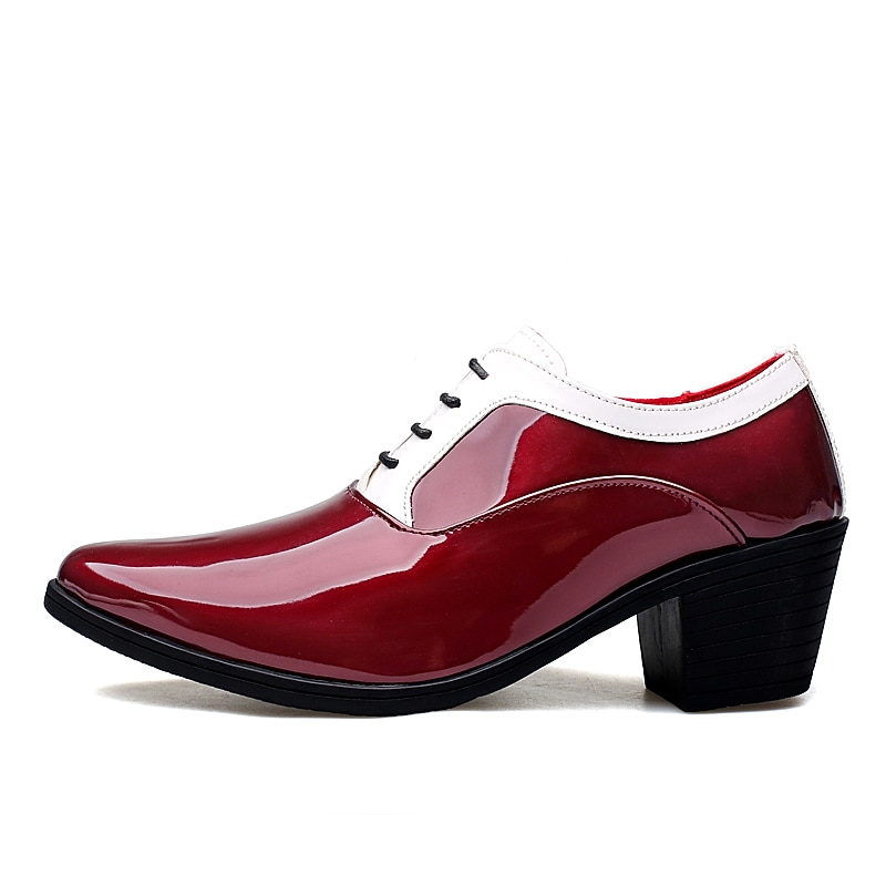 Men's Faux Patent Leather Oxford Shoes – Red and White Lace-Up Dress Shoes with Block Heel, Stylish Formal Footwear for Weddings, Parties, and Stage Performance3