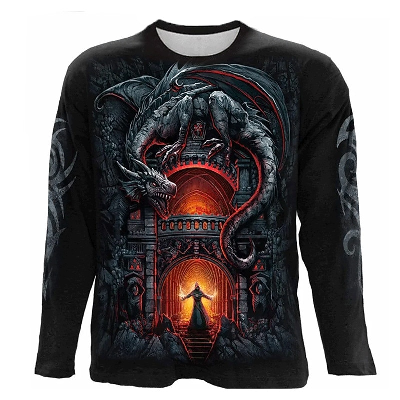 Men's Dragon Graphic Prints T Shirt Long Sleeve T shirt 3D Print Crew Neck Shirt Vintage Sports Designer Outdoor Street Casual Black Spring &  Fall Clothing Apparel S M L XL XXL 3XL