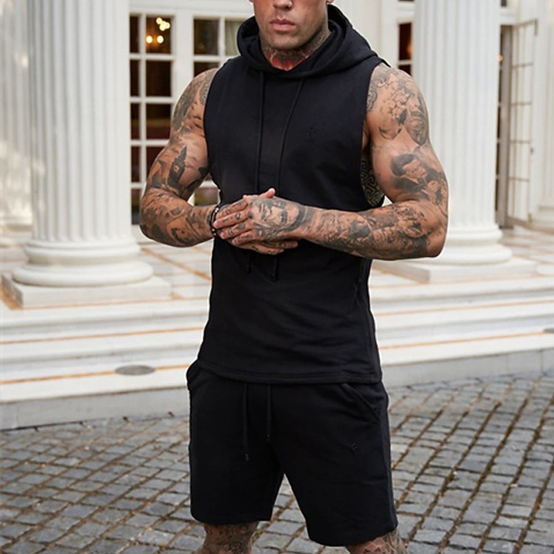 Men's T-shirt Suits Tracksuit Tennis Shirt Shorts and T Shirt Set Sleeveless Short Sleeve Hooded Summer Solid Colored Sports Designer Sportswear Drawstring 2 Piece Outdoor Street Daily Black White3