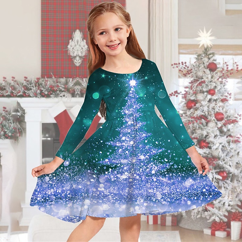 Kids Girls' Christmas Dress Dress Snowflake Dress Snowflake Long Sleeve Christmas Gifts Casual Crewneck Adorable Daily Polyester Above Knee Casual Dress Swing Dress A Line Dress Fall Winter 3-10 Years4