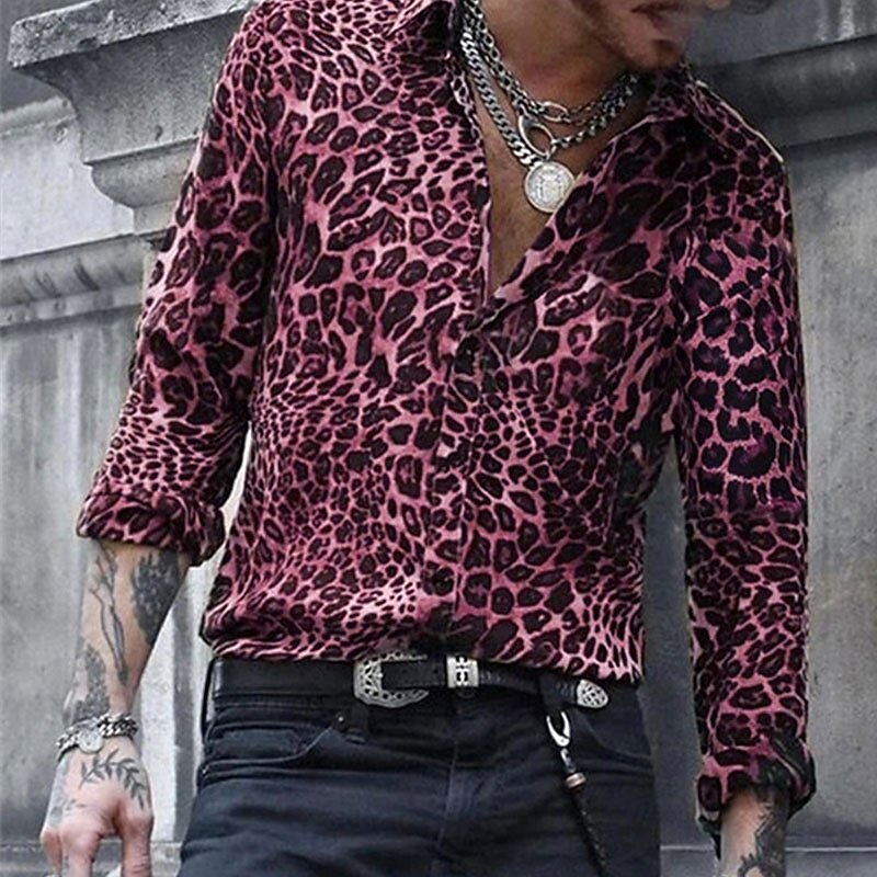 Men's Leopard Shirt Button Up Shirt Long Sleeve Designer Breathable Comfortable Daily Weekend Spring &  Fall Turndown Button-Down Light Pink Blue Brown Green Gray4