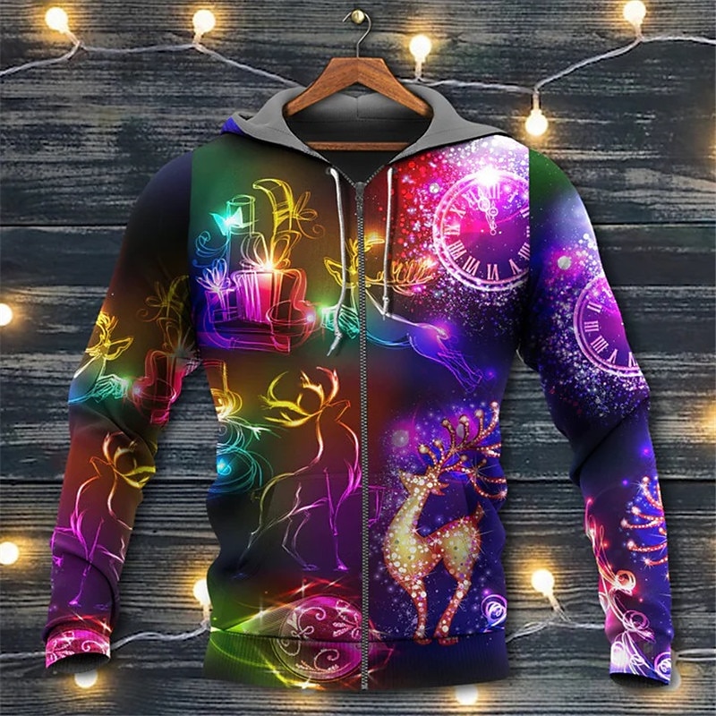Christmas Men's Santa Claus 3D Hoodies Full Zip Jacket Blue Purple Dark Gray Gray Hooded Santa Claus Graphic Prints Ugly  Zipper Print Sports & Outdoor Daily4