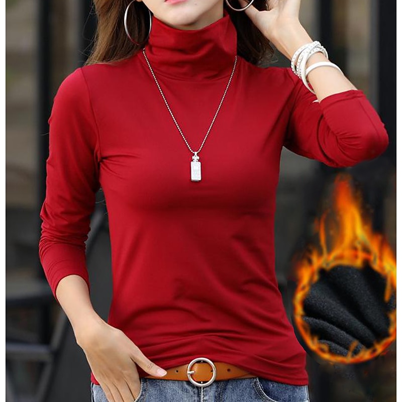 Women's T Shirt Undershirt Bottoming Shirt Plain Basic Long Sleeve Turtleneck High Neck Regular Tops Daily Weekend Turtleneck burgundy plus velvet turtleneck black fleece Turtleneck coffee fleece2