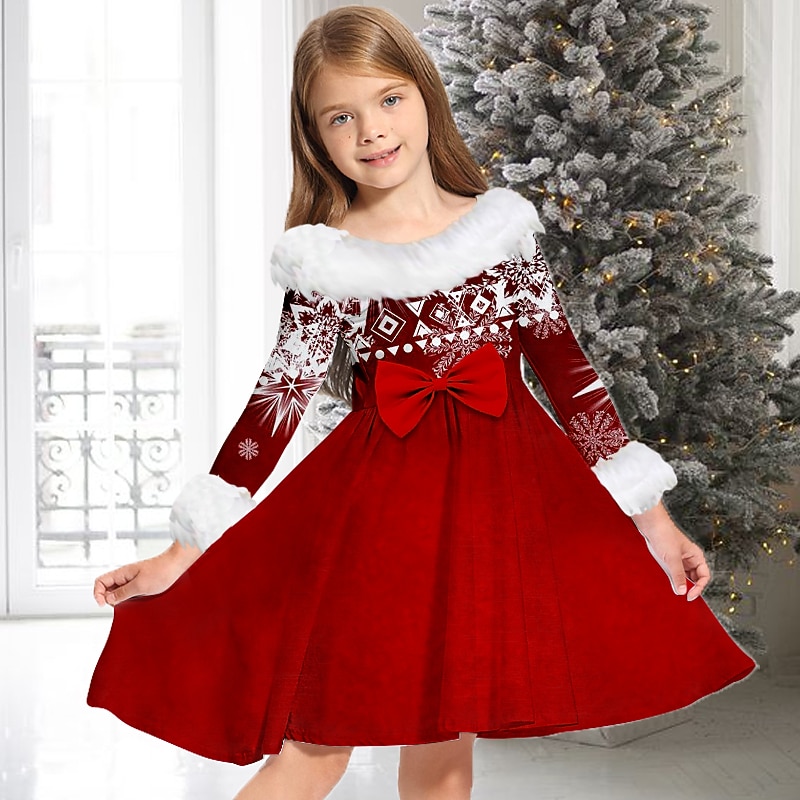Kids Girls' Christmas Dress Dress Snowflake Dress Snowflake Long Sleeve Casual Fur Trim Crewneck Adorable Daily Polyester Above Knee Casual Dress Swing Dress A Line Dress Fall Winter 2-13 Years White