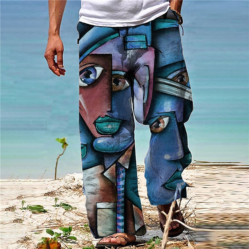Men's Trousers Summer Pants Beach Pants Boho Pants Pocket Drawstring Elastic Waist Graphic Prints Comfort Breathable Casual Daily Holiday Streetwear Designer Navy Blue Blue2