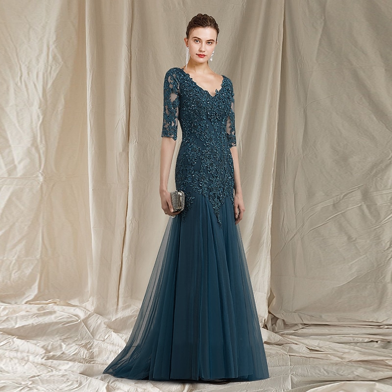 A-Line Mother of the Bride Dress Elegant V Neck Sweep / Brush Train Lace Tulle Half Sleeve No with Ruffles Appliques3