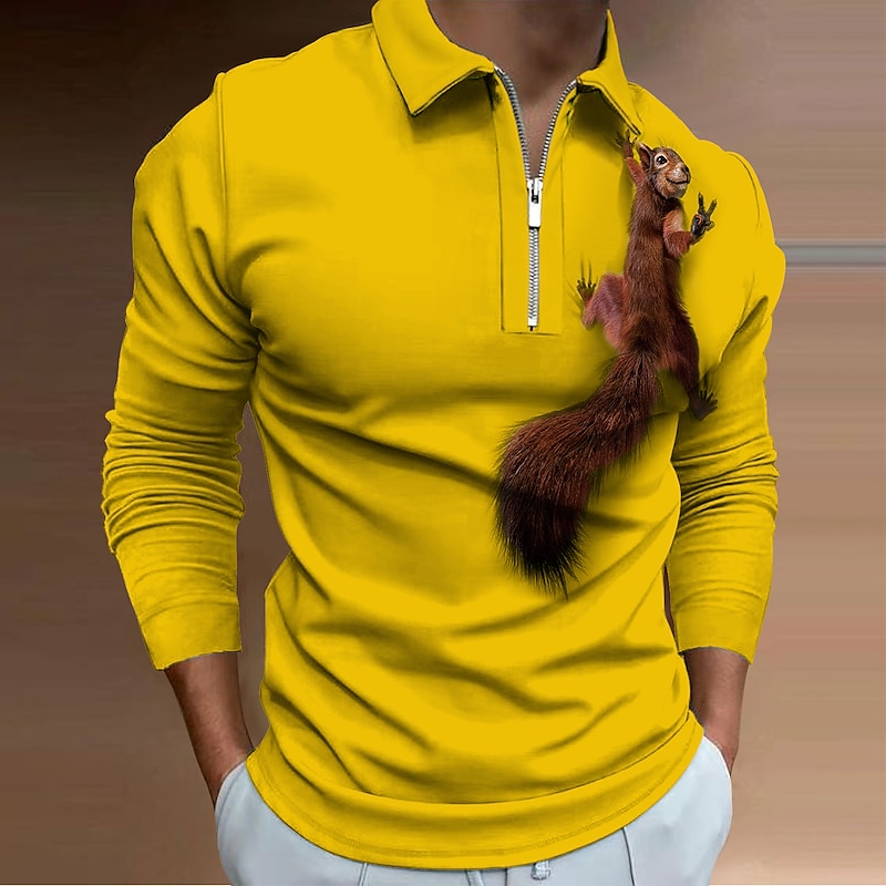 Men's Squirrel Zip Polo Shirts Golf Shirt Long Sleeve Polo Shirts Collared Shirts Casual Funny Streetwear Vacation Wear Party Outfits 3D Print Quarter Zip Polo White Yellow Red3