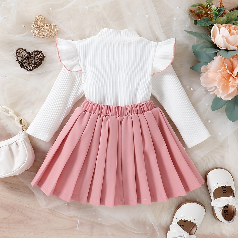 2 Pieces Toddler Girls' Solid Color Skirt & Sweater Set Long Sleeve Active Outdoor Cotton 3-7 Years Fall White2