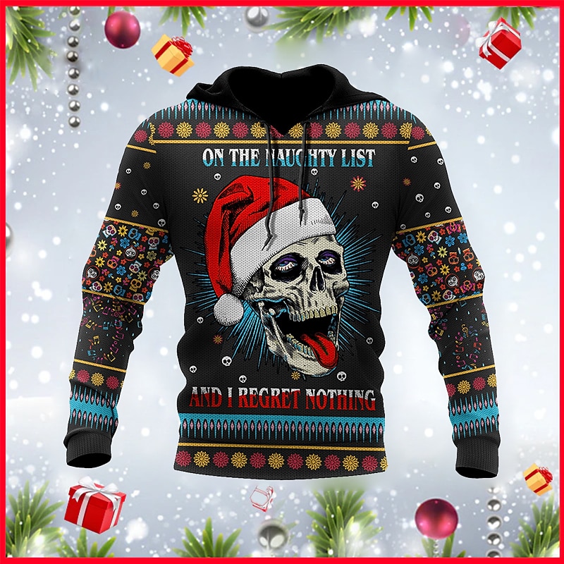 Christmas Men's Funny Christmas 3D Hoodies Pullover Red & Black Green Black Red Hooded Skull Graphic Prints Print  Daily Sports 3D Print Basic2