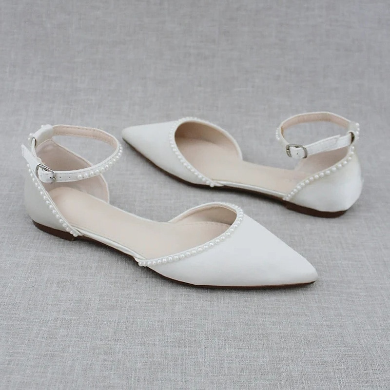 Women's White Pearl-Embellished Pointed Toe Flat Shoes with Ankle Strap - Perfect for Weddings and Formal Occasions2