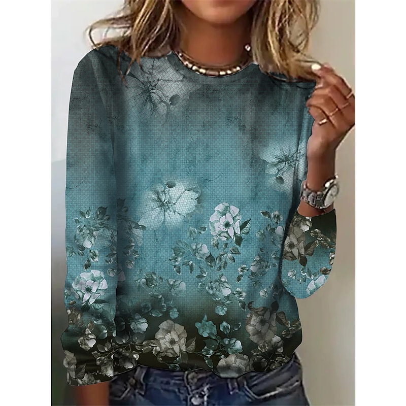 Women's T shirt Crew Neck Long Sleeve Tunic Vintage Basic Butterfly Print Regular Tops Round Neck Daily Weekend Pink Blue Purple Brown Green Fall & Winter 6