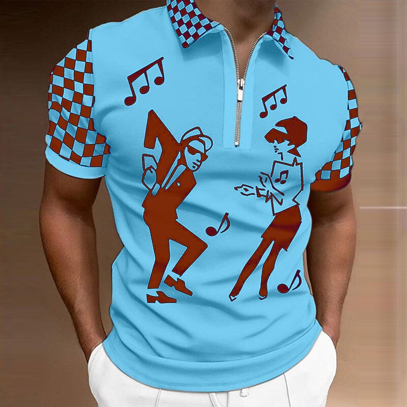 Music Festival Men's Plaid Music Zip Polo Shirts Golf Shirt Short Sleeve Polo Shirts Collared Shirts Casual Vacation Wear Festival Wear Party Outfits 3D Print Quarter Zip Polo White Yellow Navy Blue4