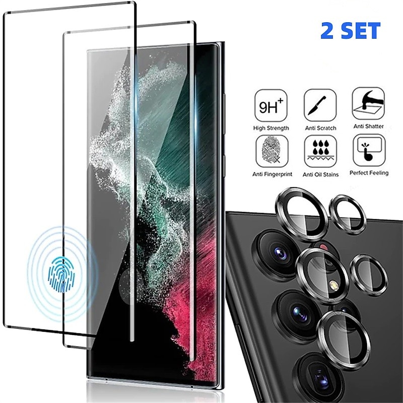 2 Sets Screen Protector + Camera Lens Protector For Samsung Galaxy S25 Ultra S25 Ultra Plus S24 Ultra Plus S23 S22 S21 S20 Plus Ultra Note 20 Ultra 10 Plus Tempered Glass 9H Hardness Anti-Fingerprint